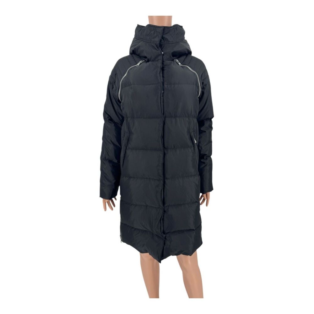 Maje Coat Down Puffer Long Hooded Black FR36 US S | Designer Winter Jacket